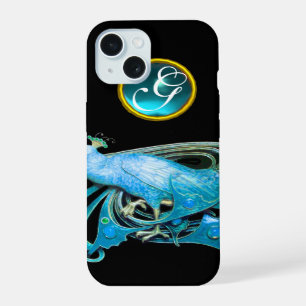 ELEGANTER PFau IN BLAU, AQUAMARIN-MONOGRAMM iPhone 15 Hülle