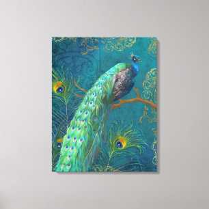 Eleganter Pfau in Feathers auf Zweig Malerei Blau Leinwanddruck