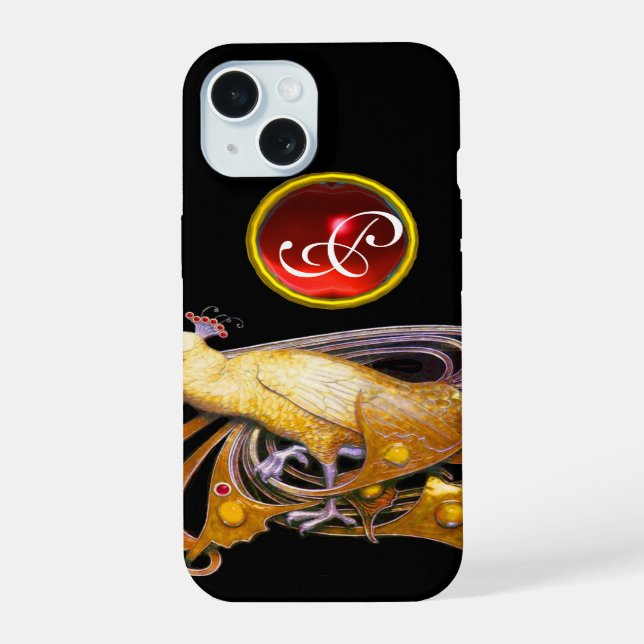ELEGANTER PFau IN GELB, RUBIN-MONOGRAMM iPhone 15 Hülle (Rückseite)