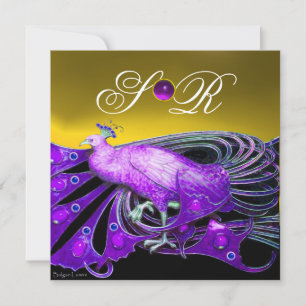ELEGANTER PFau IN LILA, GELBEM HOCHZEITSMONOGRAMM Einladung