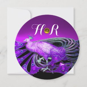 ELEGANTER PFau IN LILA, SCHWARZE HOCHZEIT MONOGRA Einladung