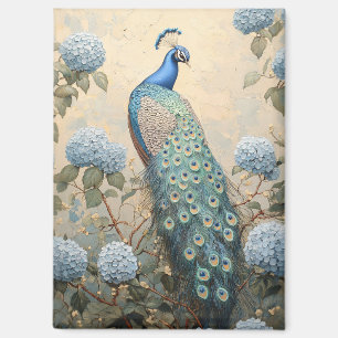 Eleganter Pfau mit blauen Hortensien Ölgemälde Magnet