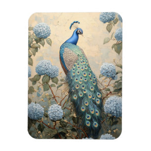 Eleganter Pfau mit blauen Hortensien Ölgemälde Magnet