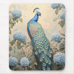Eleganter Pfau mit blauen Hortensien Ölgemälde Mousepad