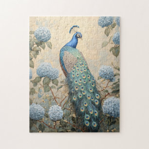 Eleganter Pfau mit blauen Hortensien Ölgemälde Puzzle