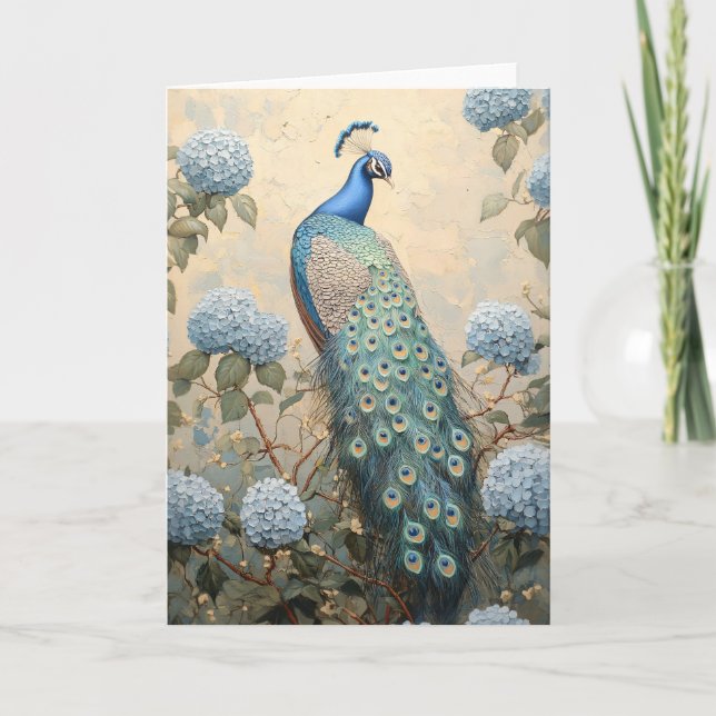 Eleganter Pfau mit Blue Hydrangeas Ölgemälde Karte (Vorderseite)