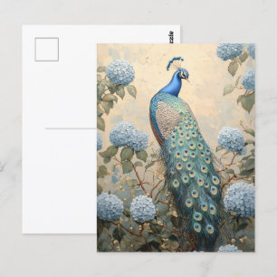 Eleganter Pfau mit Blue Hydrangeas Ölgemälde Postkarte