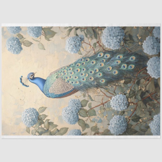 Eleganter Pfau mit Blue Hydrangeas Ölgemälde Seidenpapier (Vorderseite)