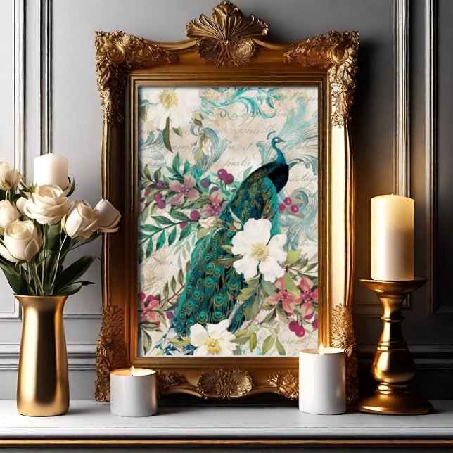 Eleganter Pfau Poster (Elegant Floral Peacock Wall Art)