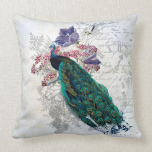Eleganter Pfau Purple Flowers Vintag Ephemera Kissen