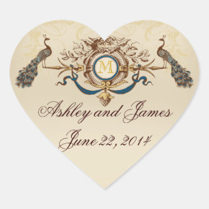 Eleganter Pfau Save the Date Sticker Herzform