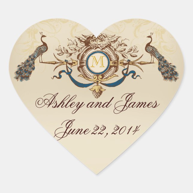 Eleganter Pfau Save the Date Sticker Herzform (Vorderseite)