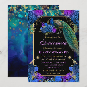 Eleganter Pfau und blaue florale Quinceanera Einladung