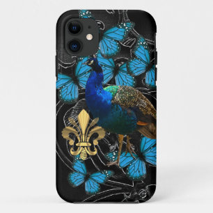 Eleganter Pfau und blaue Schmetterlinge auf schwar Case-Mate iPhone Hülle