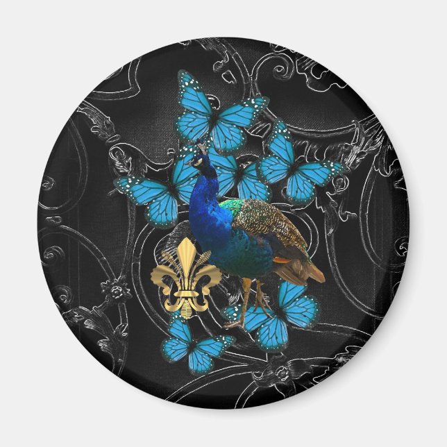 Eleganter Pfau und blaue Schmetterlinge auf schwar Magnet (Vorne)