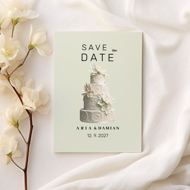 Eleganter Pfefferminzkuchen Save the Date Einladung (Elegant mint green white floral cake Save the Date )