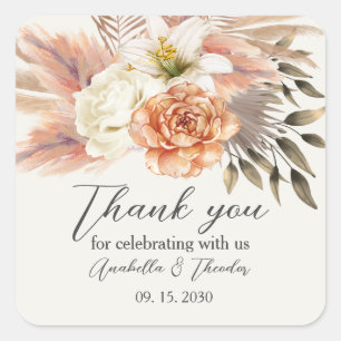 Eleganter Pfirsich-Blumen-Hochzeit-Danke-Aufkleber Quadratischer Aufkleber