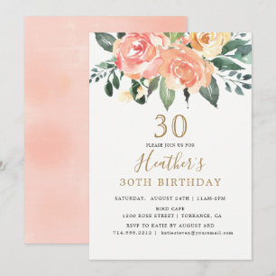 Eleganter Pfirsich-und Goldblumen30. Geburtstag Einladung