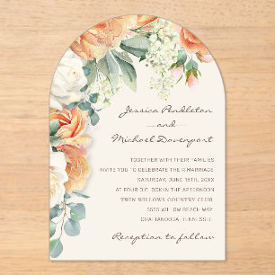 Eleganter Pfirsich-Weiß-Blumen-Eukalyptus-Hochzeit Acryleinladungen