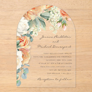 Eleganter Pfirsich-Weiß-Blumen-Eukalyptus-Hochzeit Acryleinladungen