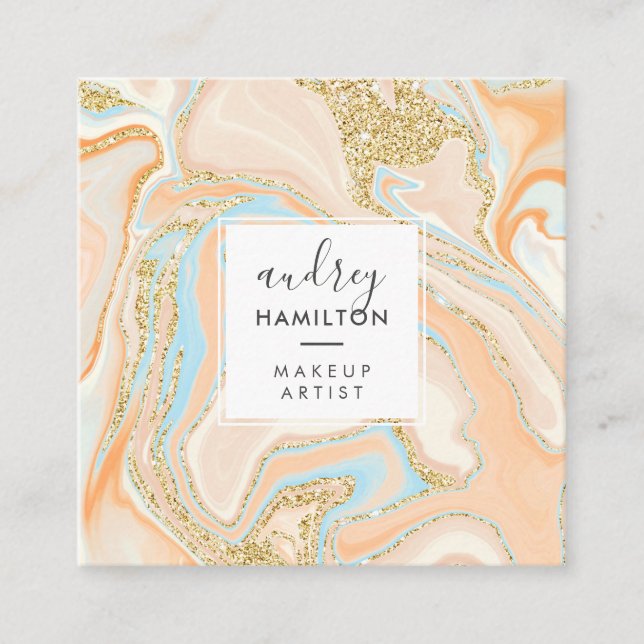Eleganter pfirsichblauer Marmor schick goldener Gl Quadratische Visitenkarte (Vorderseite)