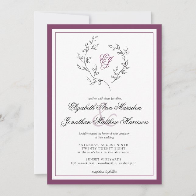 Eleganter Pflaumencode Monogram QR Code Wreath Einladung (Vorderseite)