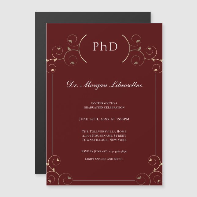 Eleganter PhD Gold Burgundy Abschluss Magneteinladung (Vorne/Hinten)