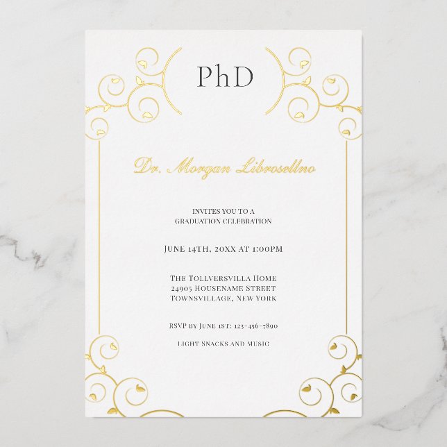 Eleganter PhD Gold Gray White Graduation Party Foi Folieneinladung (Vorderseite)