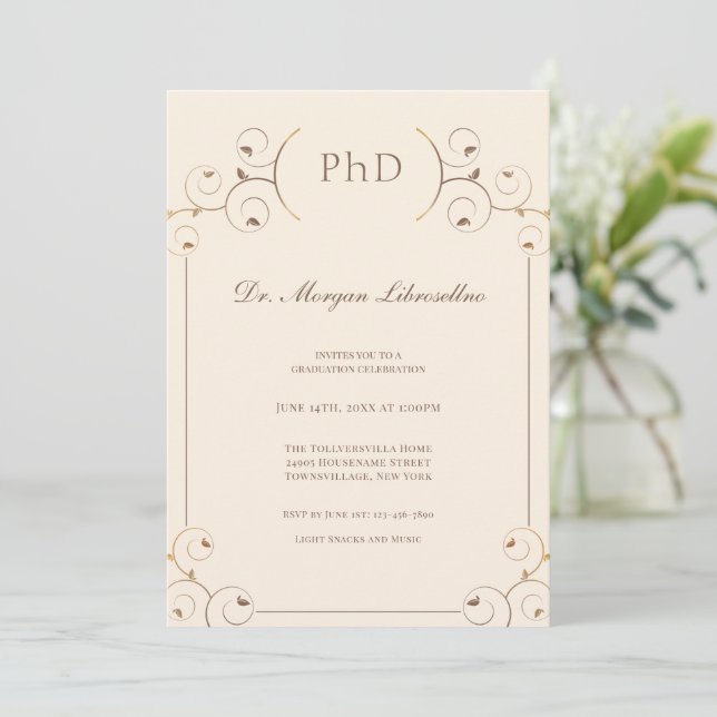 Eleganter PhD Gold Tan Abschluss Einladung (Stehend Vorderseite)