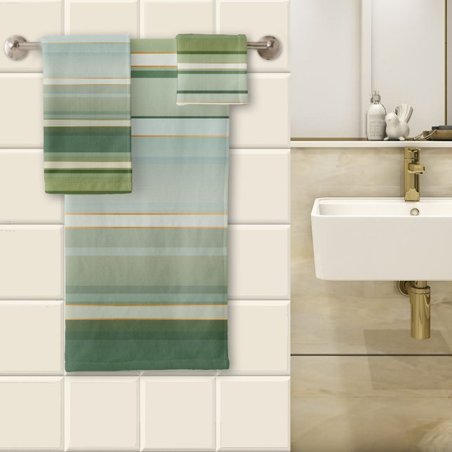 Eleganter Pine Green Blasstürkis gestreift Badhandtuch Set (A lovely striped bathroom towel set in fresh pine green and pale turquoise with tiny rose gold lines)