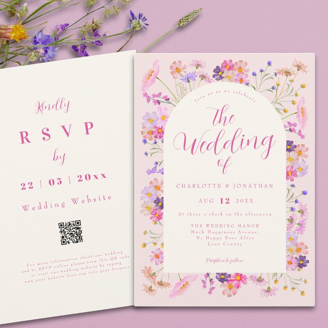 Eleganter Pink Boho Wildblume Wedding QR Code Einladung (Elegant wildflower pink qr code wedding invitation )