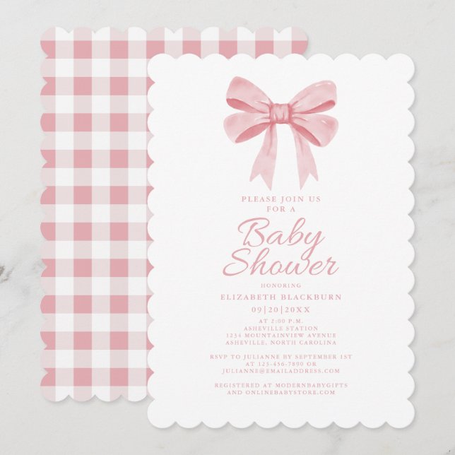 Eleganter Pink Bow Baby Shower Girly Gingham Karo Einladung (Vorne/Hinten)