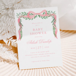 Eleganter Pink Bow mit Greenery Girl Baby Shower Einladung