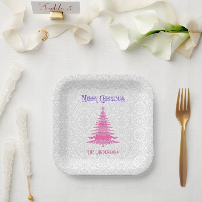 Eleganter Pink Christmas Tree Individuelle Name Pappteller (Hochzeit)
