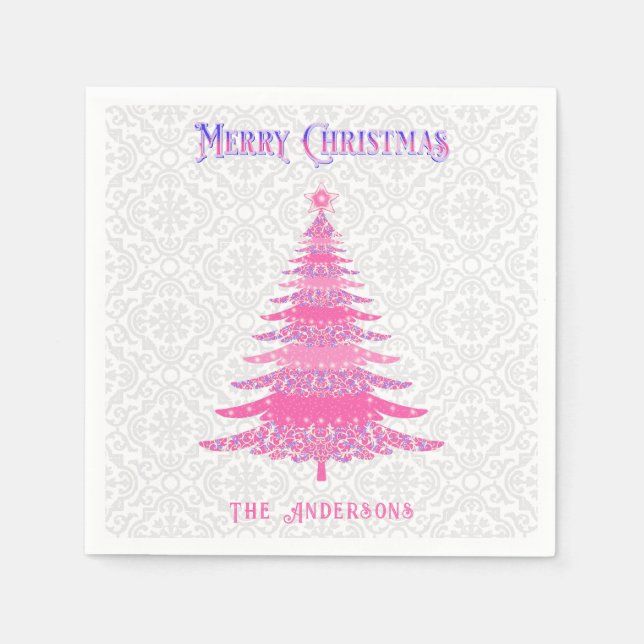 Eleganter Pink Christmas Tree Individuelle Name Serviette (Vorderseite)