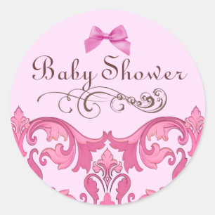 Eleganter Pink Damask Babydusche Aufkleber