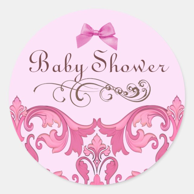 Eleganter Pink Damask Babydusche Aufkleber (Vorderseite)