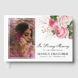 Eleganter Pink Floral Foto Memorial Keepake Gästebuch