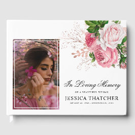 Eleganter Pink Floral Foto Memorial Keepake Gästebuch