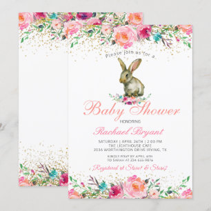 Eleganter Pink Floral Gold Glitzer Bunny Baby Show Einladung