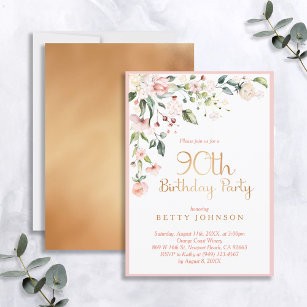 Eleganter Pink & Gold Floral Frauen zum 90. Geburt Einladung