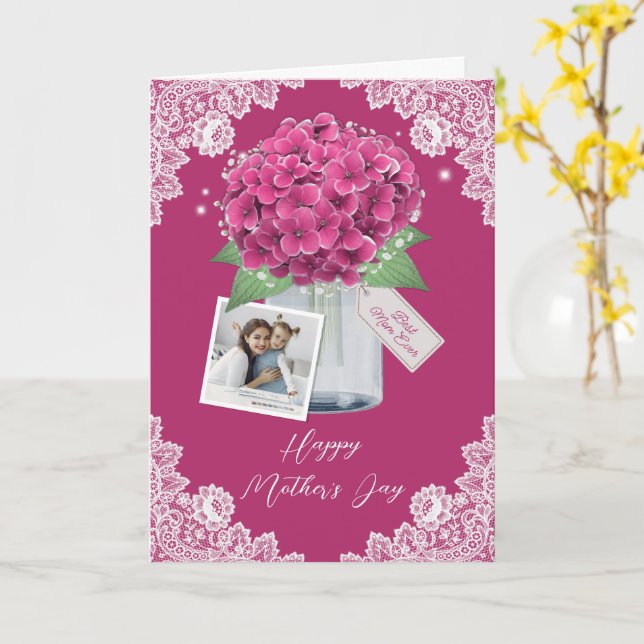 Eleganter Pink Hydrangea Foto Happy Mother Day Karte (Gelbe Blume)
