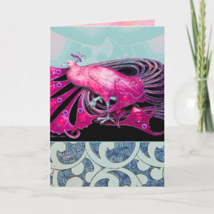 ELEGANTER PINK PEACOCK MIT BLAUEN GEOMETRISCHEN WI FEIERTAGSKARTE