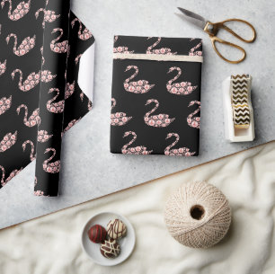 Eleganter Pink Pearl Swan auf schwarzem Hintergrun Geschenkpapier