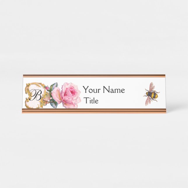 ELEGANTER PINK ROSE ,HONEY BIEY BEEKEEPER MONOGRAM SCHREIBTISCHNAMENSPLAKETTE (Vorderseite )