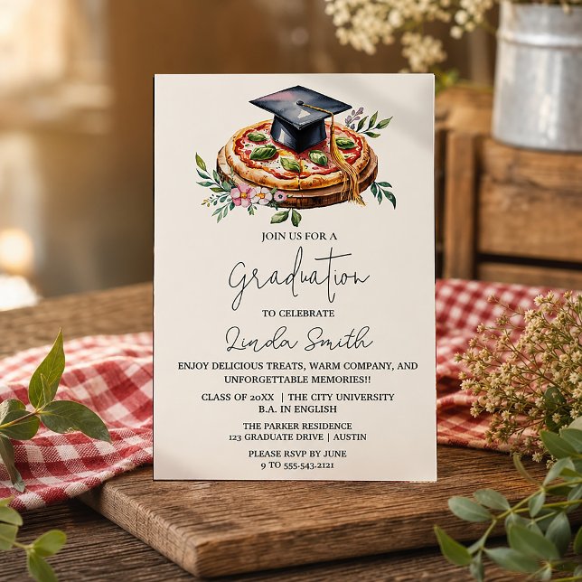 Eleganter Pizza-Abschluss Einladung (Elegant Floral Pizza Graduation Invitation #pizzaparty #zazzlemade #watercolorpizza #graduationparty)