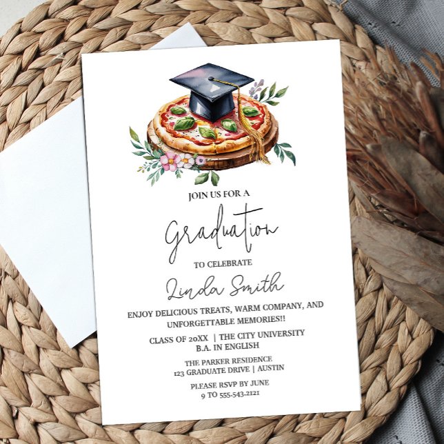 Eleganter Pizza-Abschluss Einladung (Elegant Floral Pizza Graduation Invitation #pizzaparty #zazzlemade #watercolorpizza #graduationparty)
