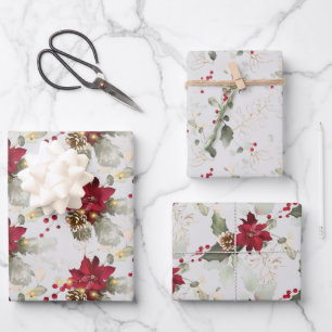 Eleganter Poinsettia & Eukalyptus Glitzer Weihnach Geschenkpapier Set