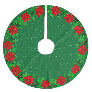 Eleganter Poinsettien-Blumenkranz auf Grün Polyester Weihnachtsbaumdecke