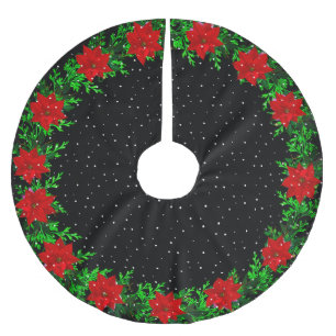 Eleganter Poinsettien-Blumenkranz auf Schwarz Polyester Weihnachtsbaumdecke
